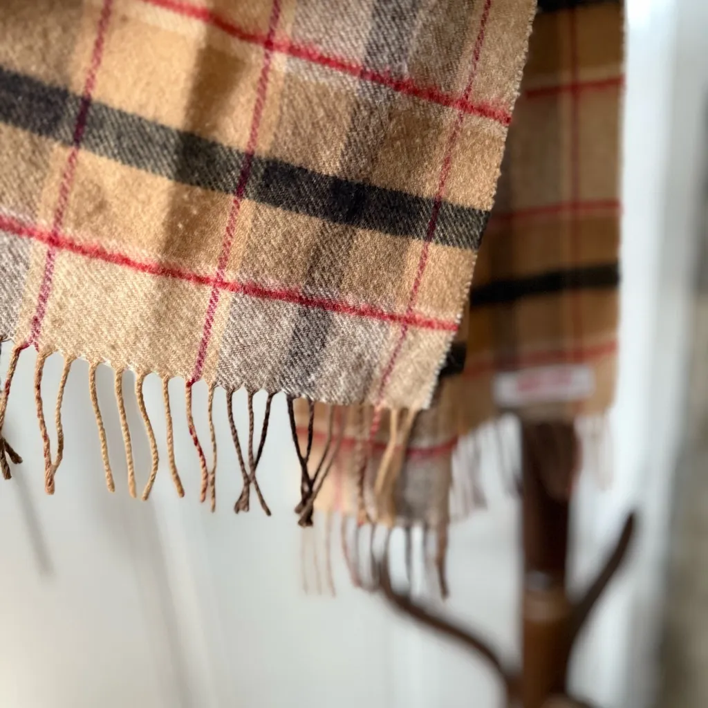 Vintage 100% Wool Plaid Winter Scarf Tan - Image 4