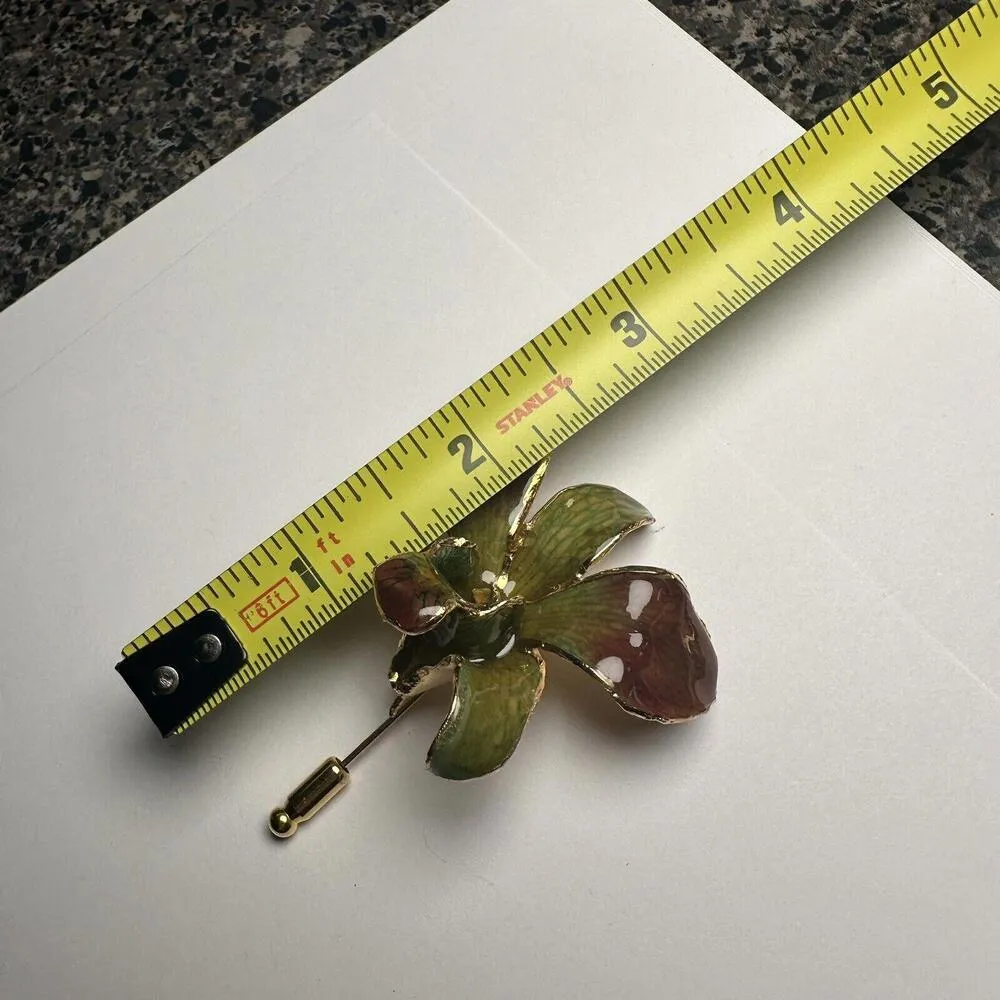 Gold Plate Encased Orchid Flower Green/Rust Color Brooch Pin - Image 9