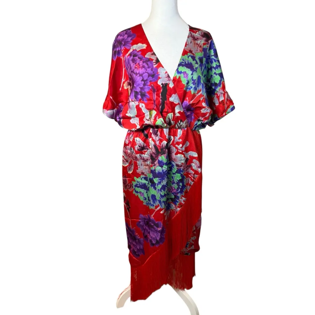 Anthropologie x DELFI Collective Fringed Dress Floral Print Red Large No Belt - Image 4