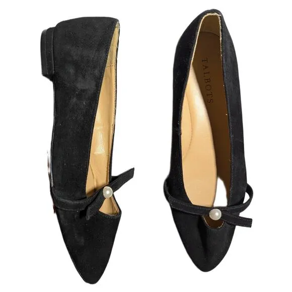 Talbots Black Suede Pointed Toe Faux Pearl Bow Accent Minimal Ballet Flats Sz 7 - Image 2