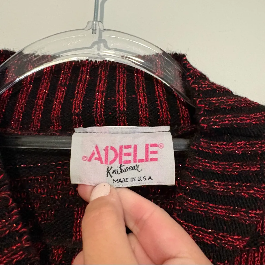 Adele Knitwear vintage Swirl &‎ Hearts Sweater Red Lurex Sparkle & Black Large - Image 3