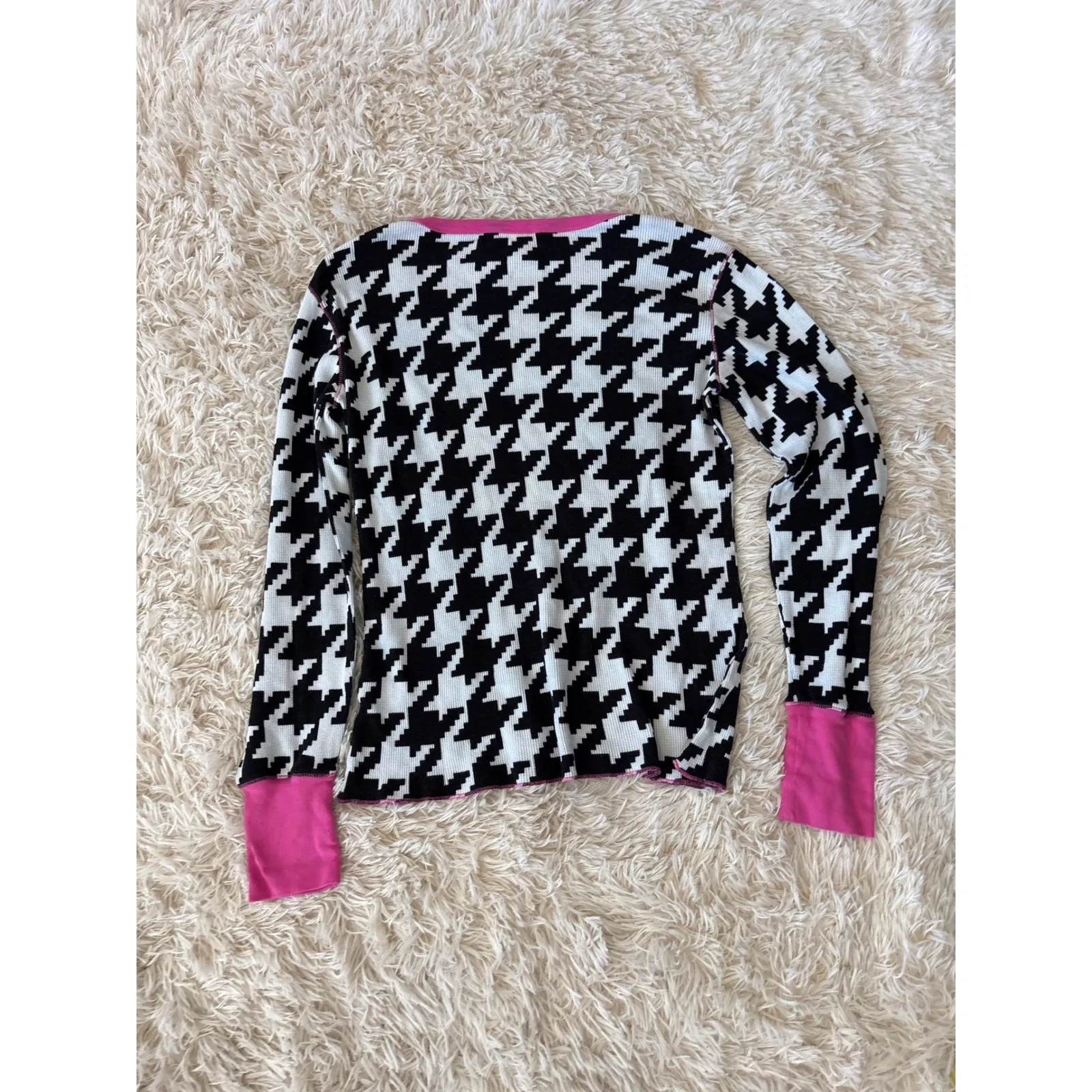Victoria's Secret Pink Houndstooth Long Sleeve Thermal Top Size L Black White - Image 8