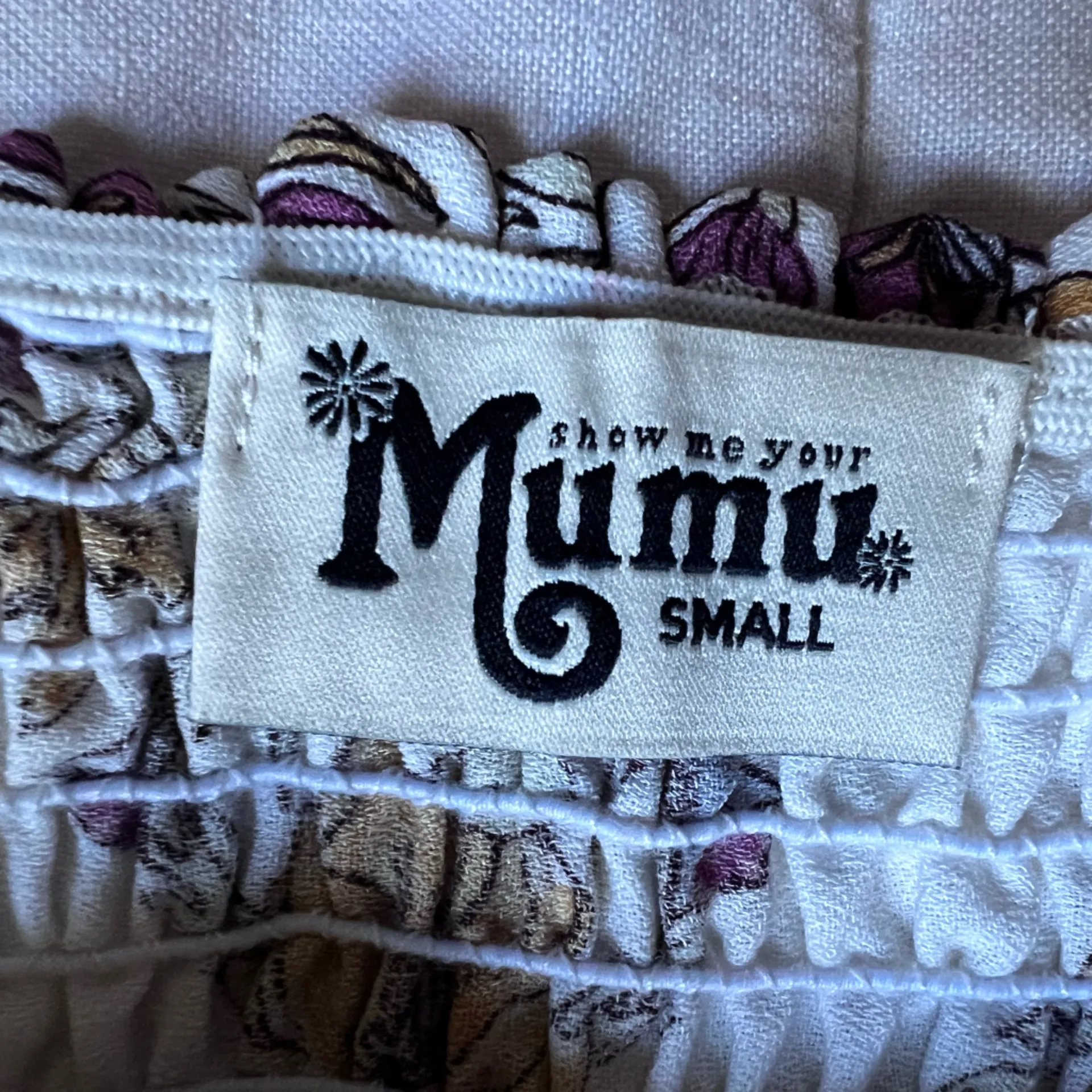 Show Me Your Mumu Cream Purple Paisley Floral Smocked Off Shoulder Top - Small - Image 6