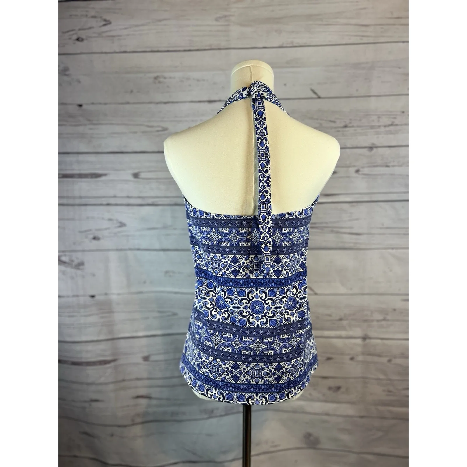 Lands’ End Blue Printed Halter Tankini Top Size 10 Swim Top Good Condition - Image 3