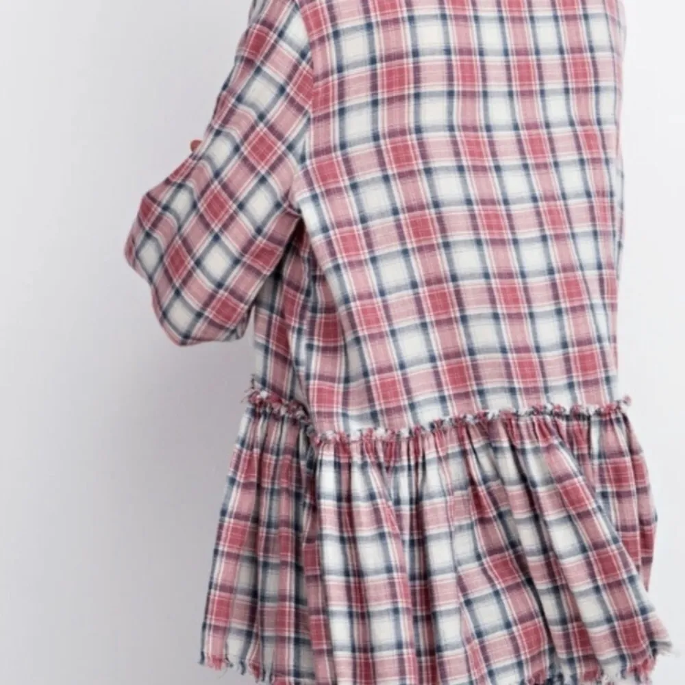 Easel Flowy Plaid Peplum Button Up Top Size Small - Image 2