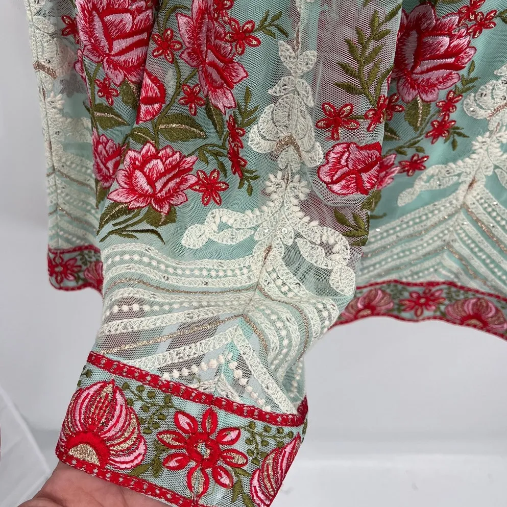 Soft Surroundings Lace Boho Maxi Skirt PXL Aqua Embroidered Floral Mesh Fairy - Image 4