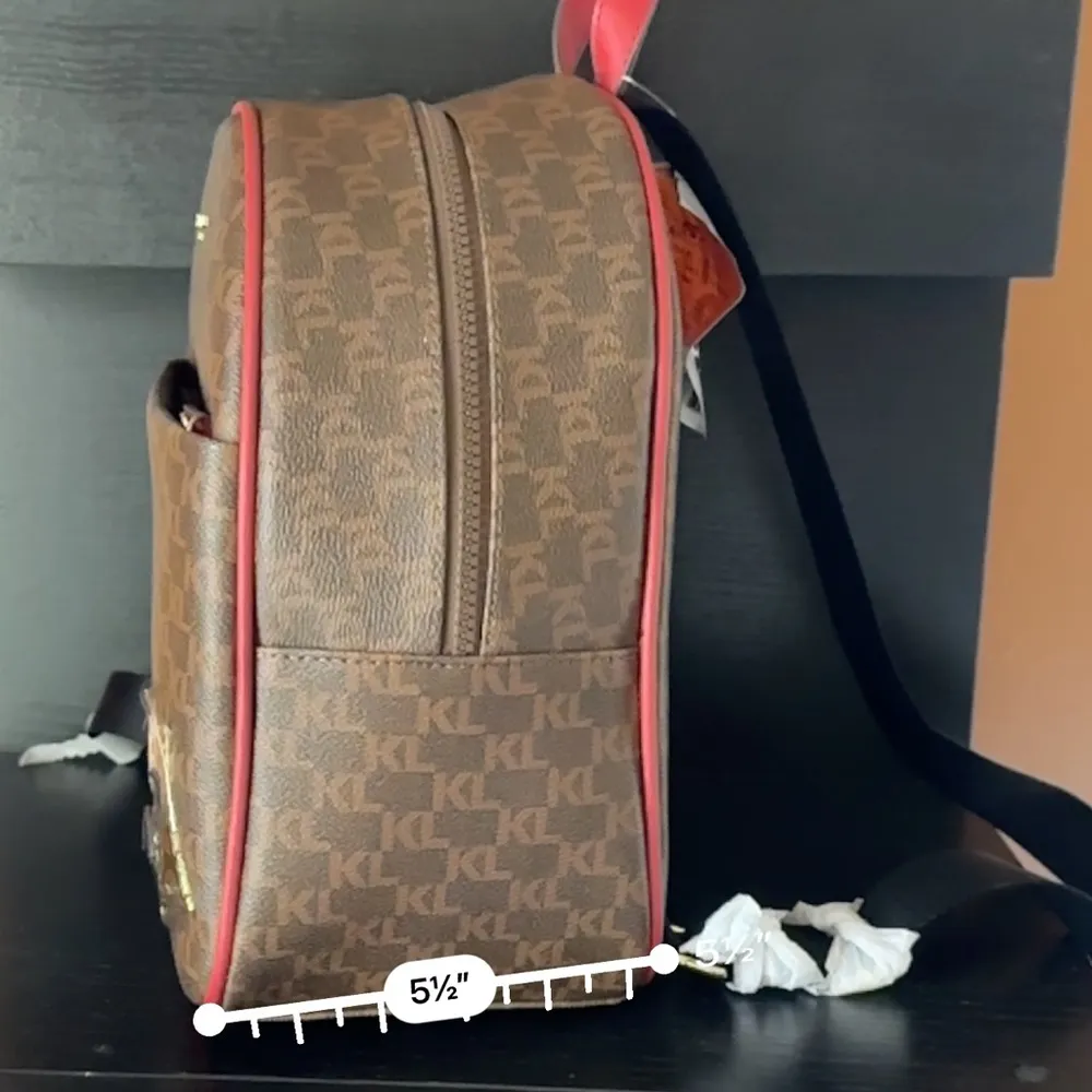 Karl Lagerfeld Backpack Brown Logo Red Line Front Zip Pouch 3 charms NWT $198 - Image 9