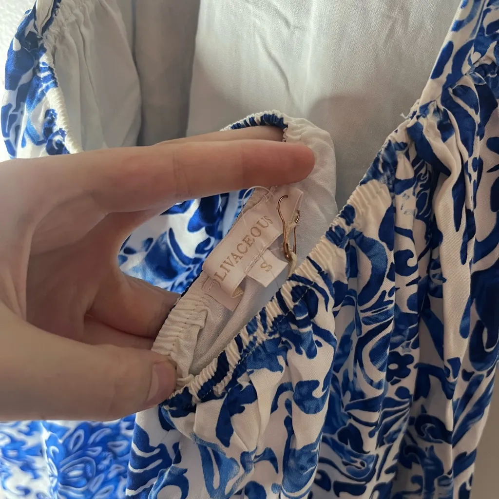 Olivaceous NEW Blue White Toile High Neck High-Low Maxi Dress Vacation Size S - Image 4