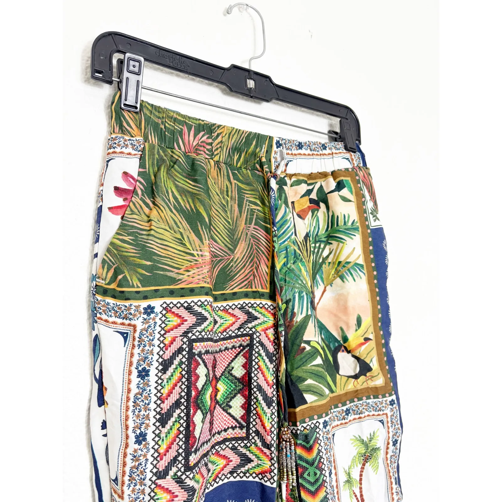 Farm Rio Mixed Scarves Satin Pants Size XS Mix Print Tassel Boho Multicolor - Image 8