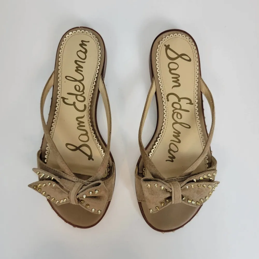 Sam Edelman Womens Sandals Size 6 Tan Dariel Bow Suede Studded Slip On Flats - Image 8