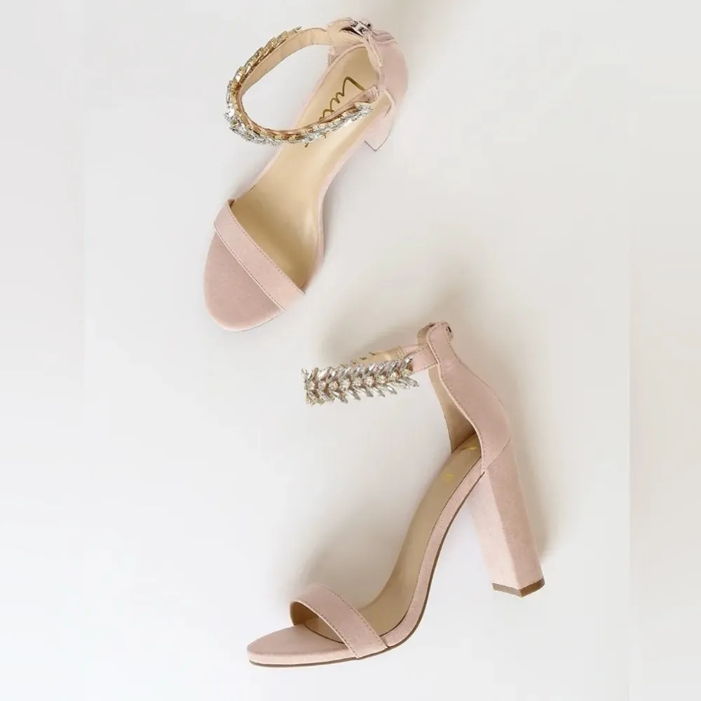 Lulus Mylan Light Nude Suede‎ Ankle Crystal Strap Heels size 9 NIB - Image 4