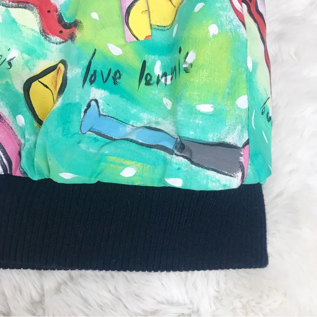 VINTAGE Hand Painted Bomber Jacket Tennis Wearable Art‎ Artsy 80s 90s Size Small Green - Image 11