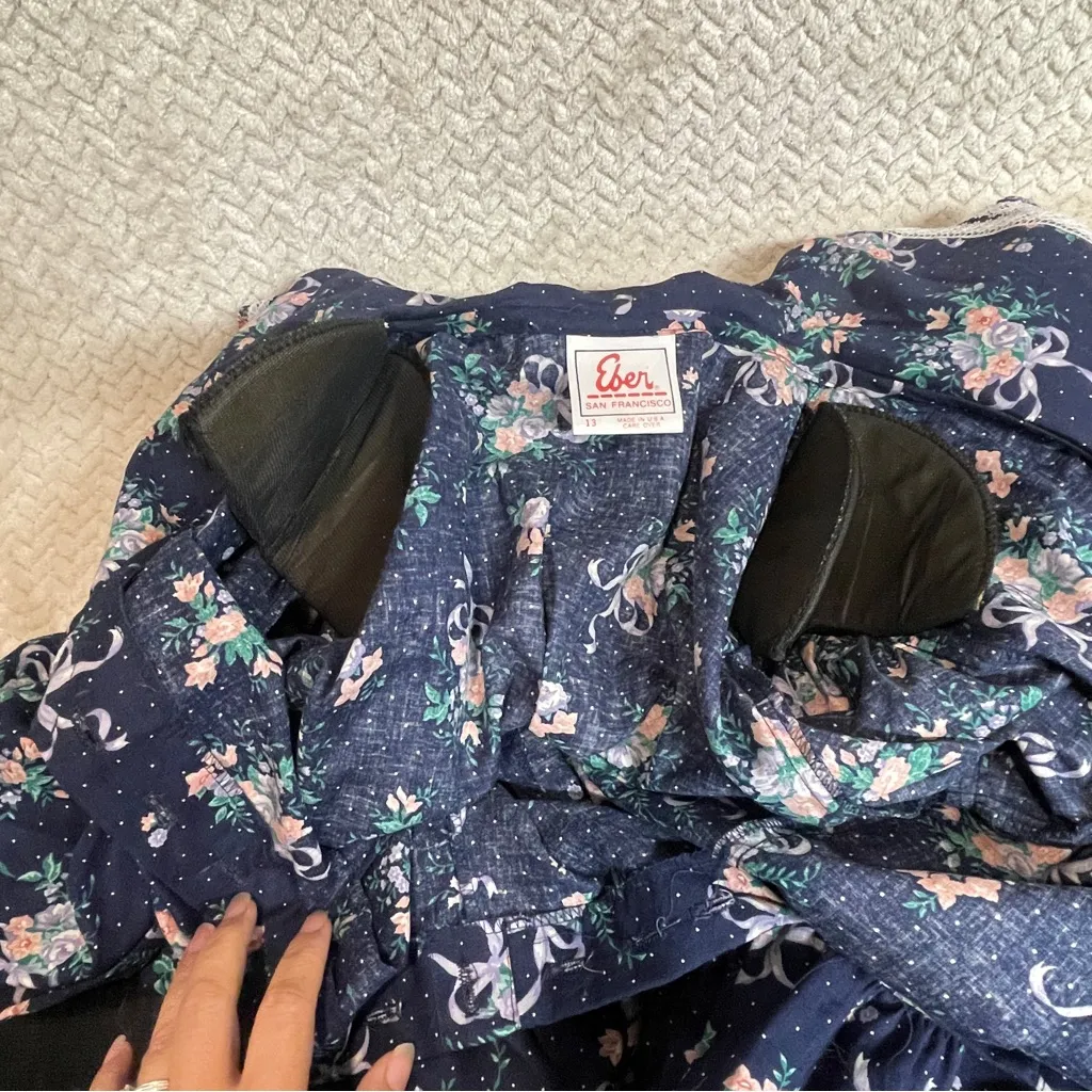 Vintage Eber Navy Midi Floral Dress Lace Collar Women sz 13 80s/90s Cottagecore Blue - Image 9