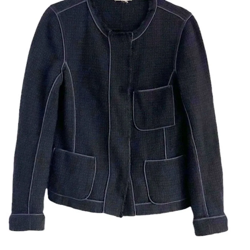 Vince Navy Frayed Hem Wool Blend Boucle Blazer - Image 2