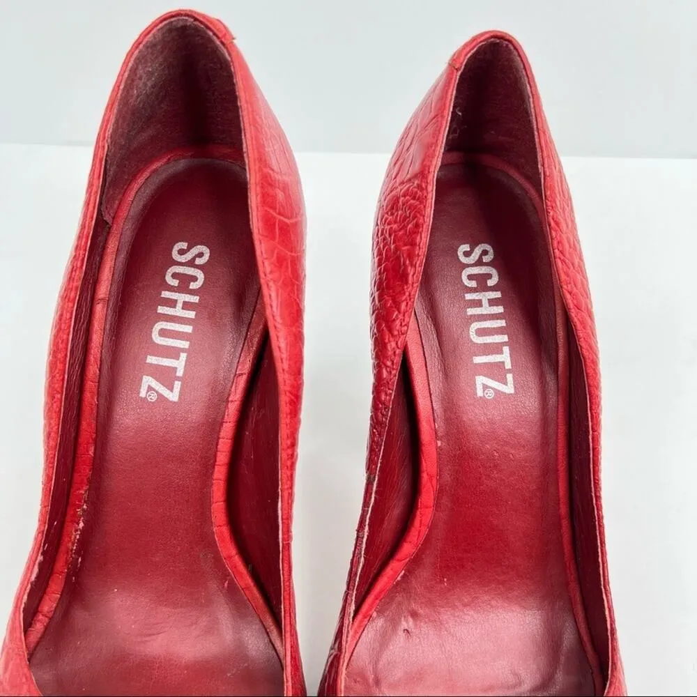 Schutz shoes women's 6 red leather reptile skin peep toe platform stiletto heels - Image 9
