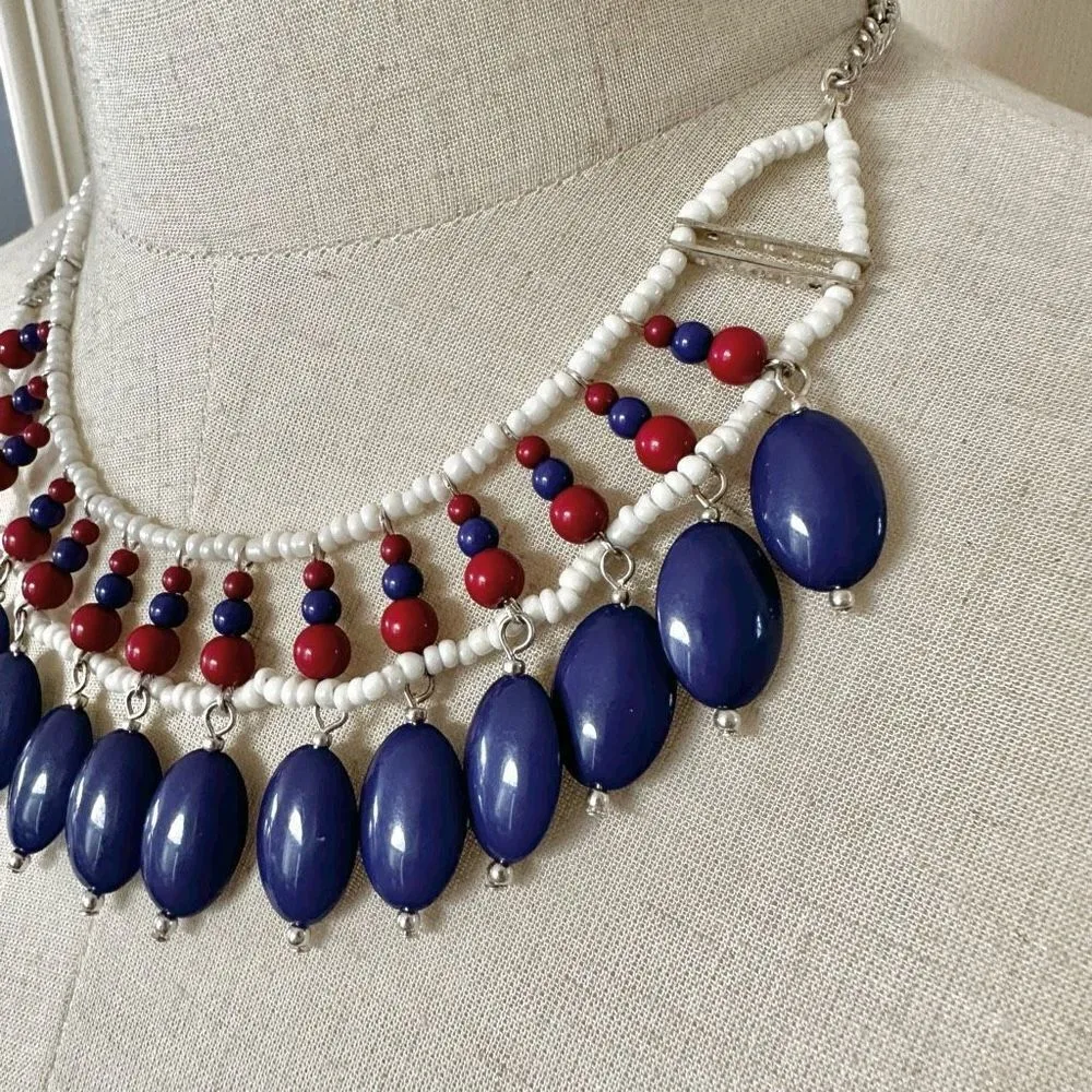 Red white and blue beaded bib necklace - Image 2