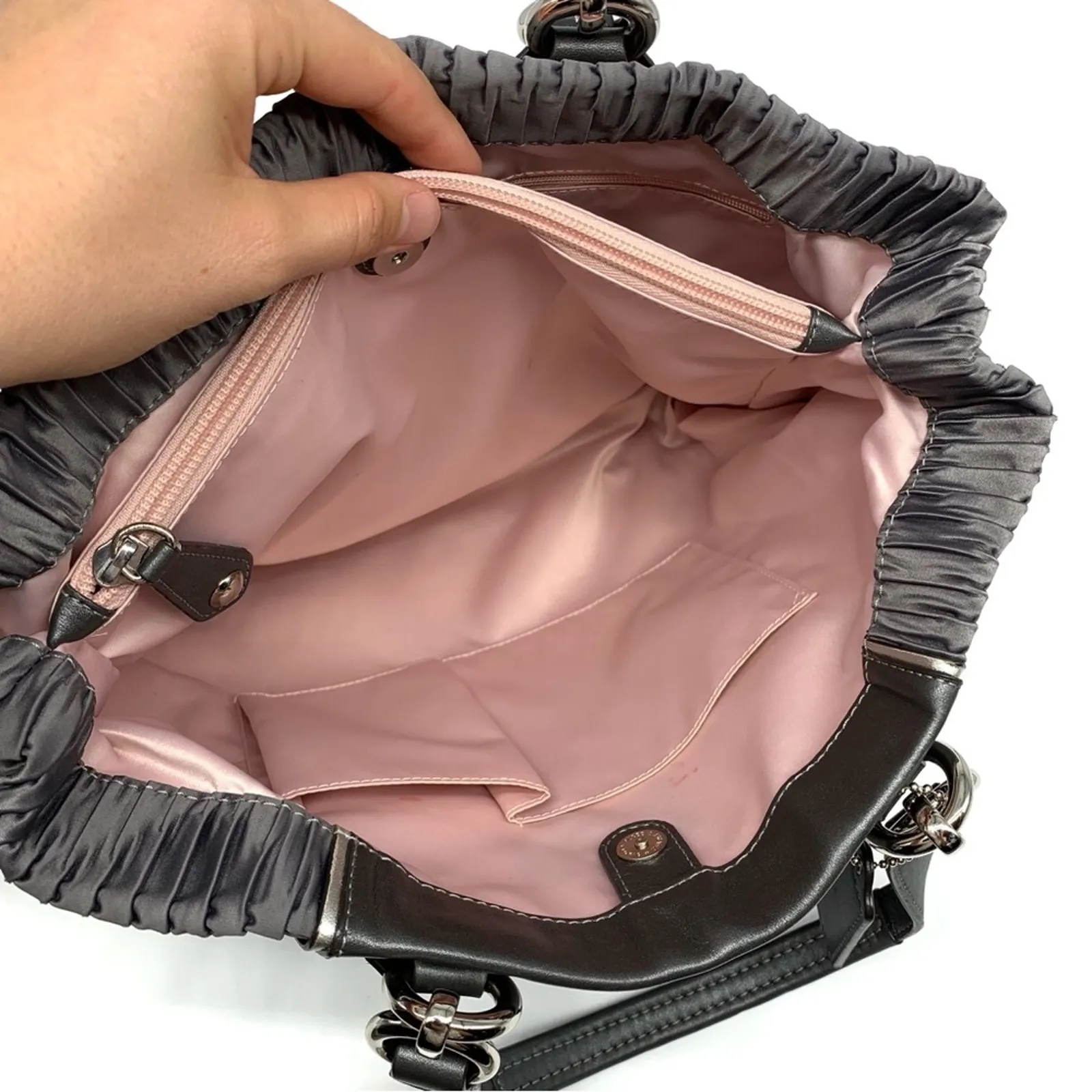 COACH #F20050 Ashley Gathered Carryall Satchel Bag Grey Satin - Image 8