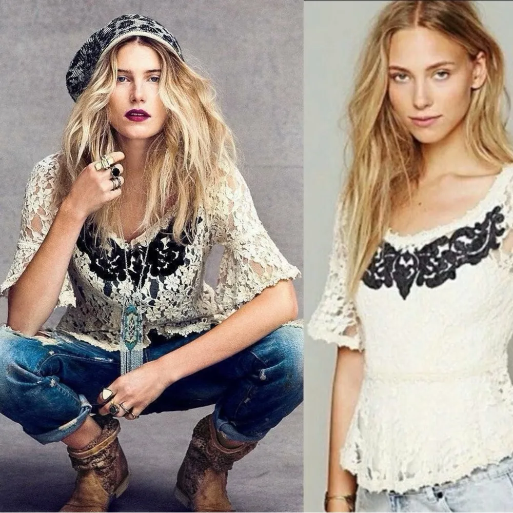 Vintage Free People Ethereal Victorian Lace Dainty Blouse Sheer Ivory Medium - Image 3