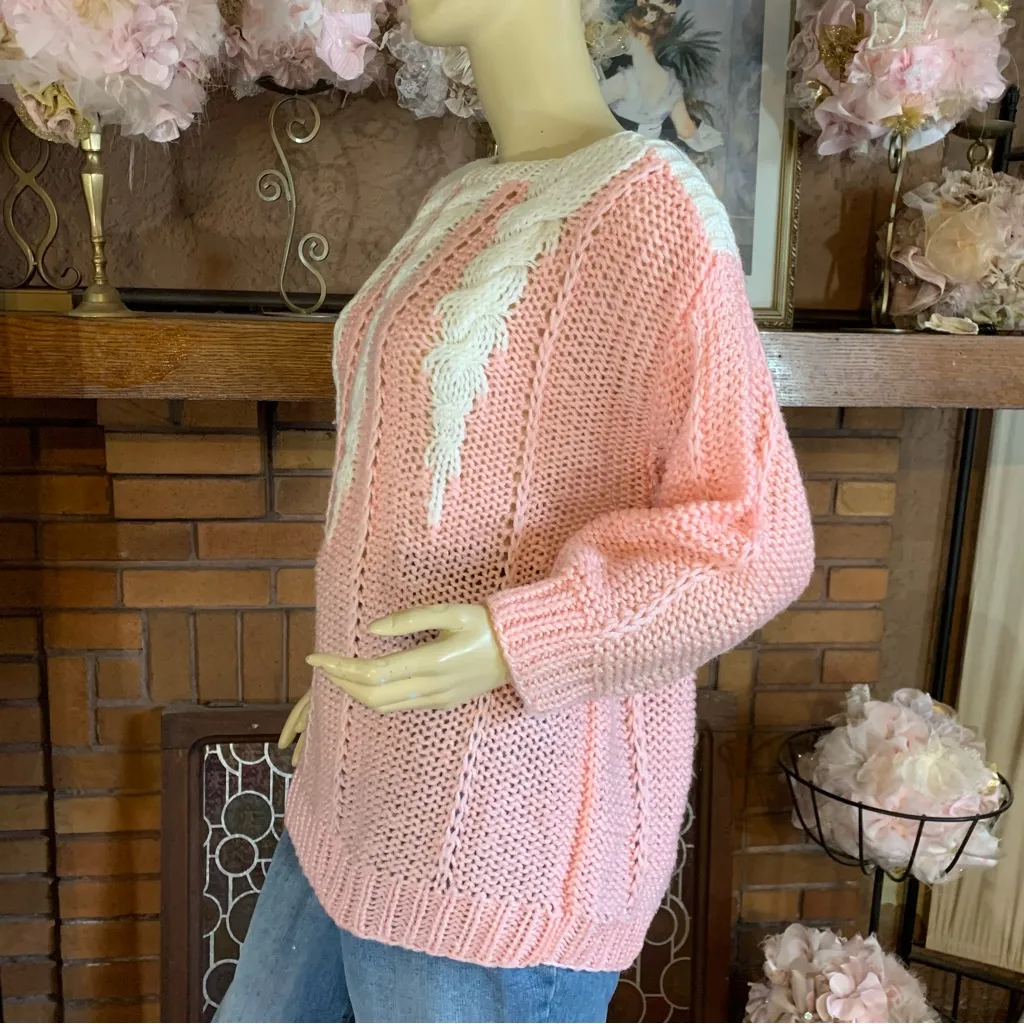 VINTAGE 1980'S DEB HAND KNITTED PINK AND CREAM SWEATER (S) - Image 4