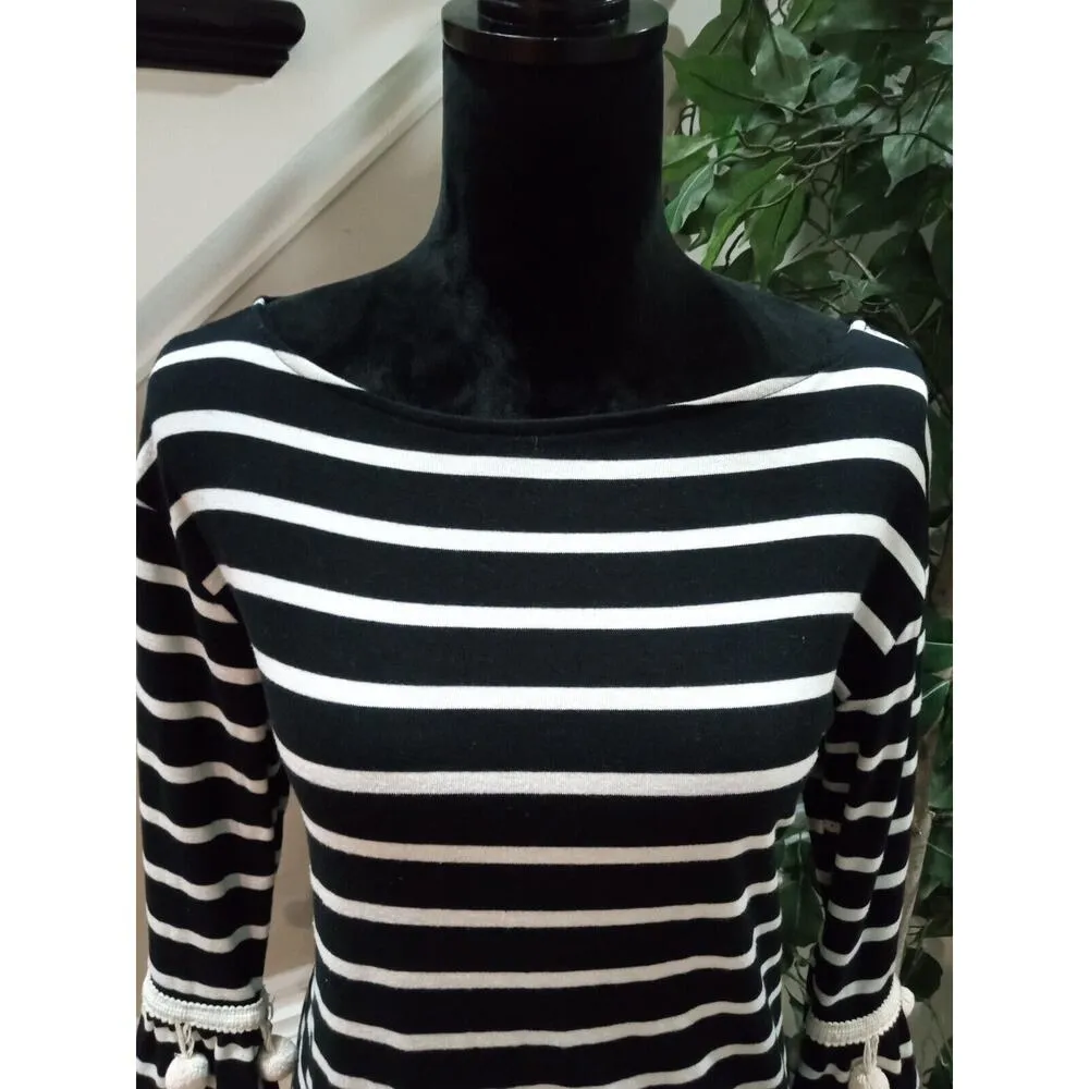Cherish Women's Black White Striped Pom Ball Round Neck Long Sleeve Top Blouse L - Image 3