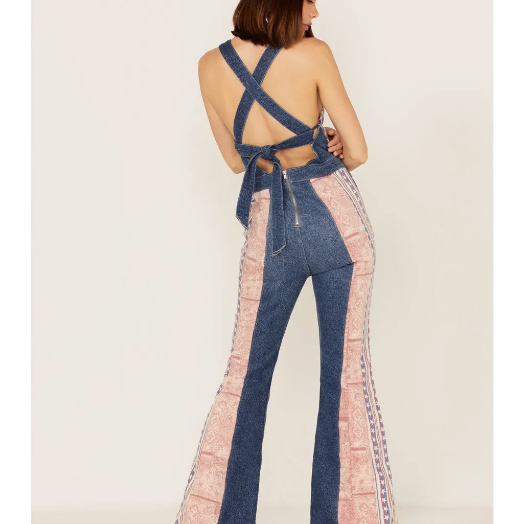 NEW FREE PEOPLE DALLAS FLAG PRINT DENIM JEANS JUMPSUIT FLARE OVERALLS - Image 2