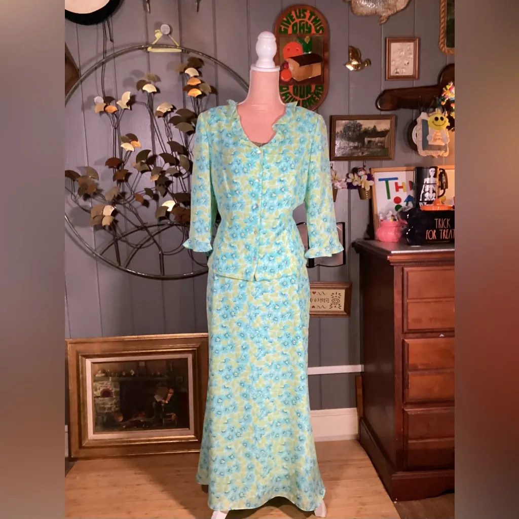 Vintage 2 Piece Lime/Teal Floral Cynthia Howie for Maggy Boutique Flutter 14 Green - Image 7