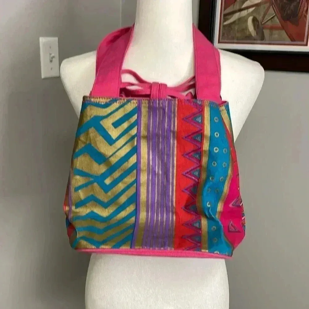 Laurel Burch Colorful Cat Purse Tote Bag Pink Feline Cat Lover Artsy Funky Blue - Image 5