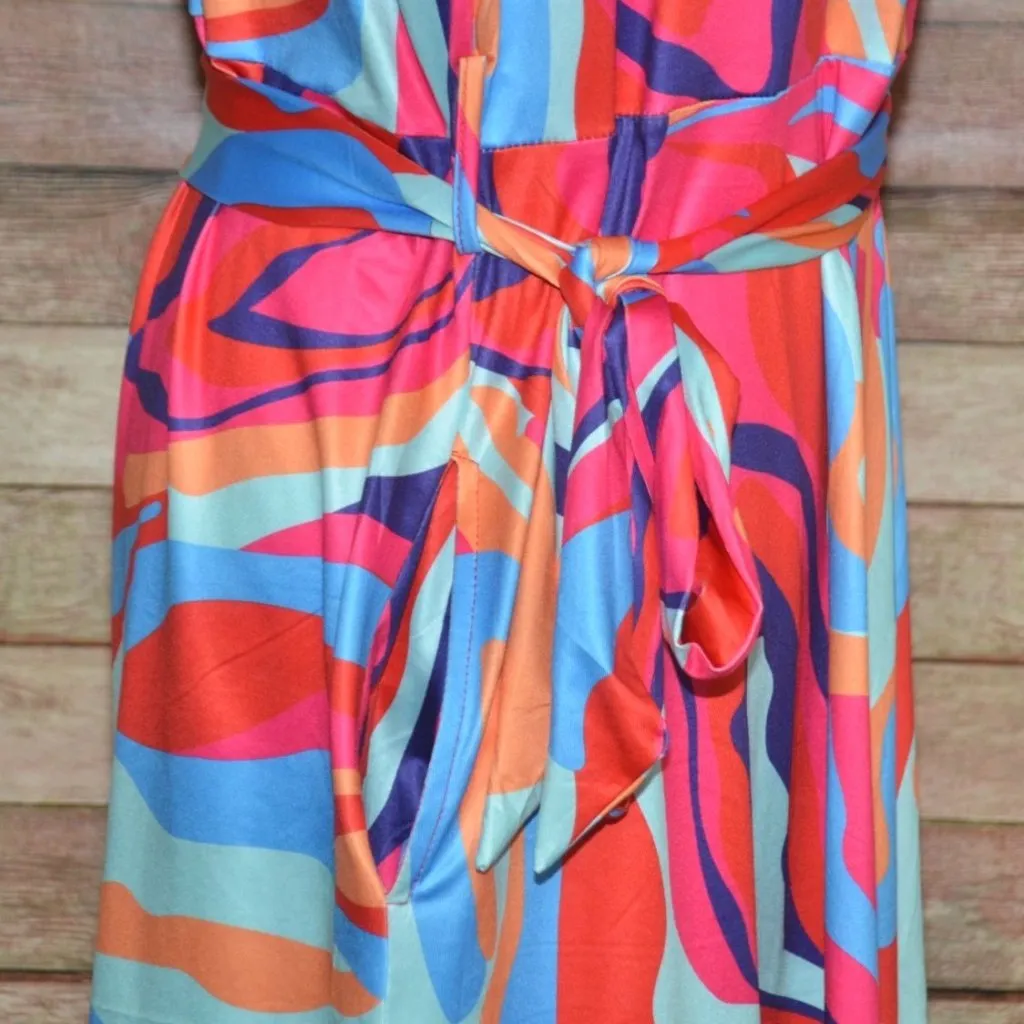 NWOT Women's Swirled Psychedelic Faux Wrap Midi Dress Plus Size 3X Retro Hippie Red - Image 5