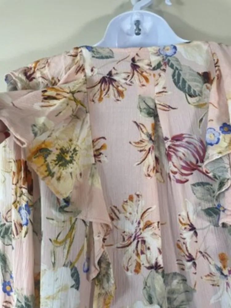 Haute Hippie Tribe Women’s Size L Pink Floral‎ Ruffle Top Boho Blouse Peasant - Image 8