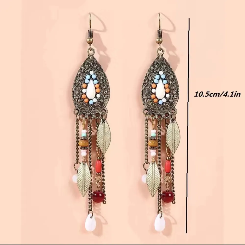 Boho Vintage Style Beaded Fringe Dangle Chain Feather Earrings *Faux Fashion Je - Image 5