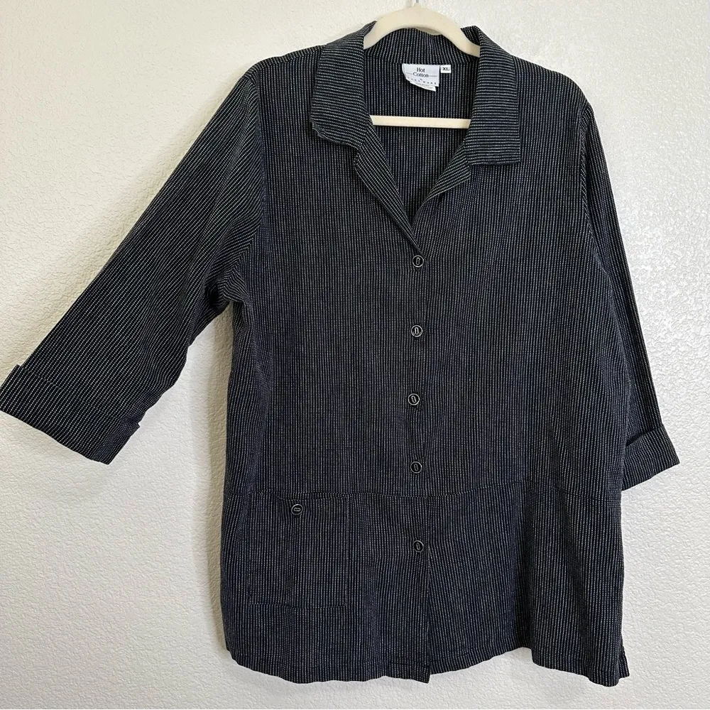 Hot Cotton Linen Blend Black White Striped Button Down Tunic Shirt, Size XL - Image 2