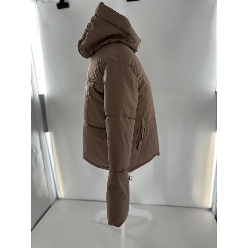 Shein Puffer Coat Jacket Sz L Brown Minimalist Trendy High Neck Normcore - Image 3