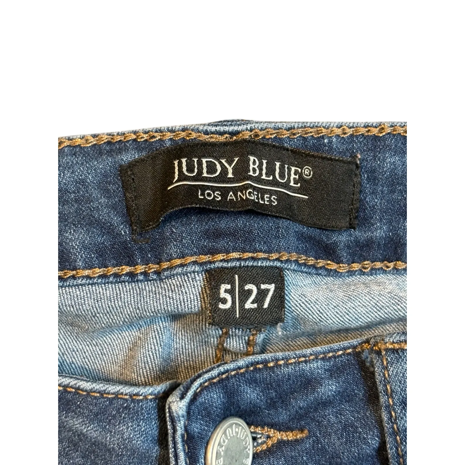 Judy Blue Crop Flare Fit Jeans Distressed Frayed Hem Blue Denim Size 5 (27) - Image 7