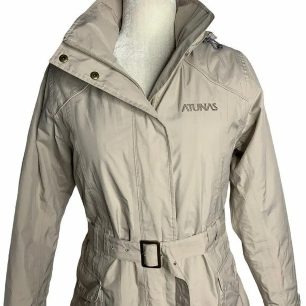 Atunas Long Trench Rain Coat PrimaLoft Liner S Beige Goretex Hood Pockets Belt - Image 2