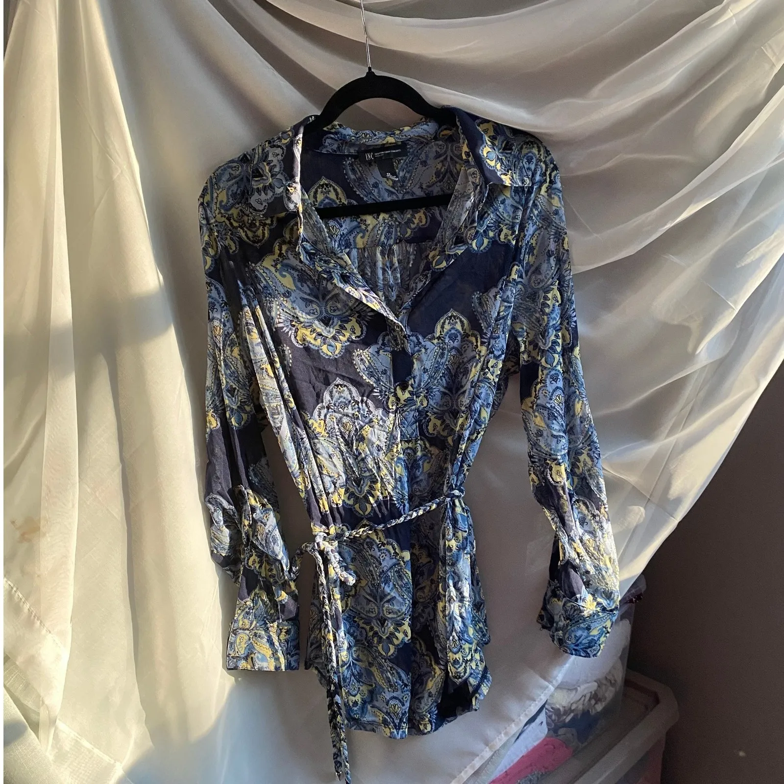 Y2K Mesh Paisley Cinched Blue Tunic Top 1X Sheer Siren Fairy Bohemian Sleaze - Image 2