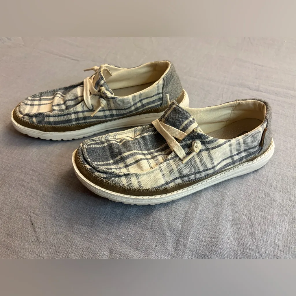 Hey Dude Wendy Slip Ons in grey plaid - Image 3