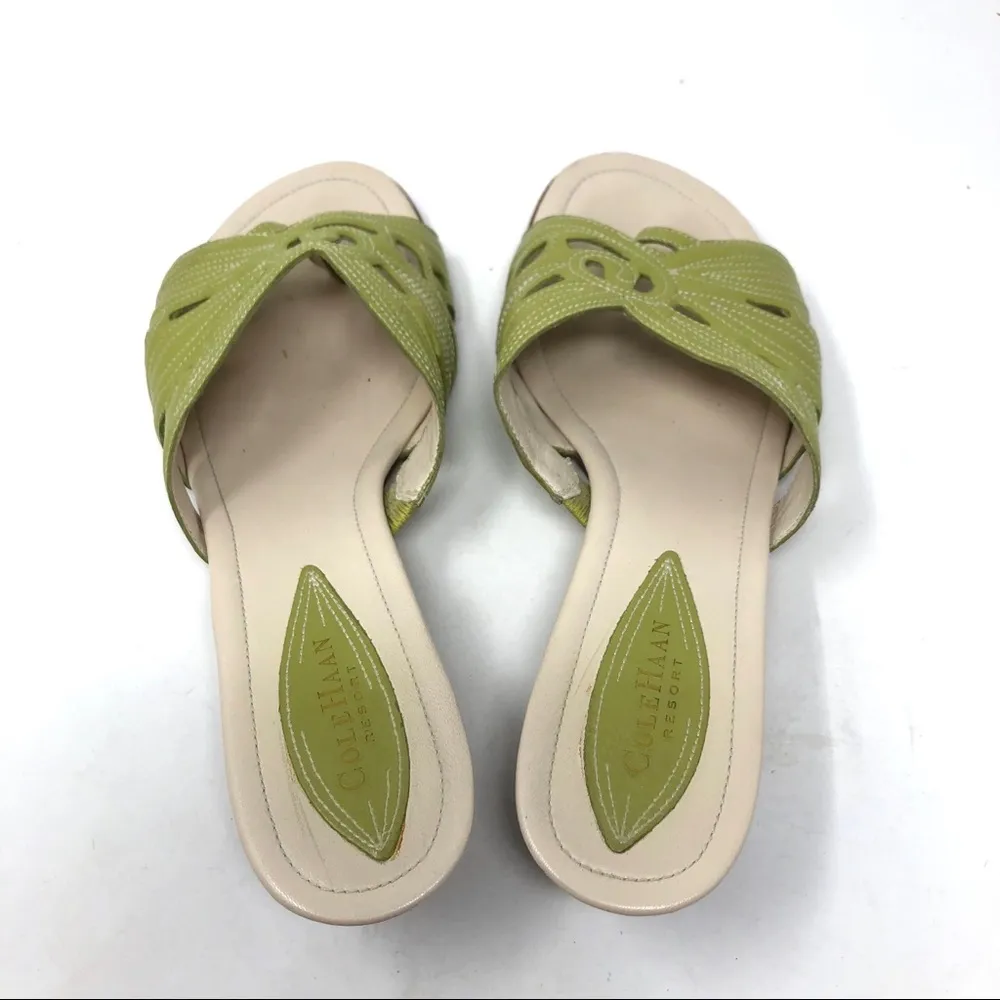 COLE HAAN green leather kitten heel slides - Image 6