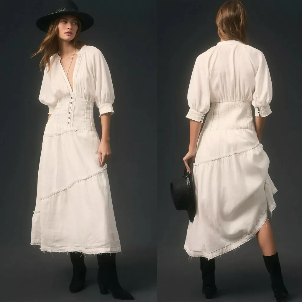 Anthropologie Ethereal Bohemian V-Neck Corset Midi Shirt Dress in White Size XL - Image 2