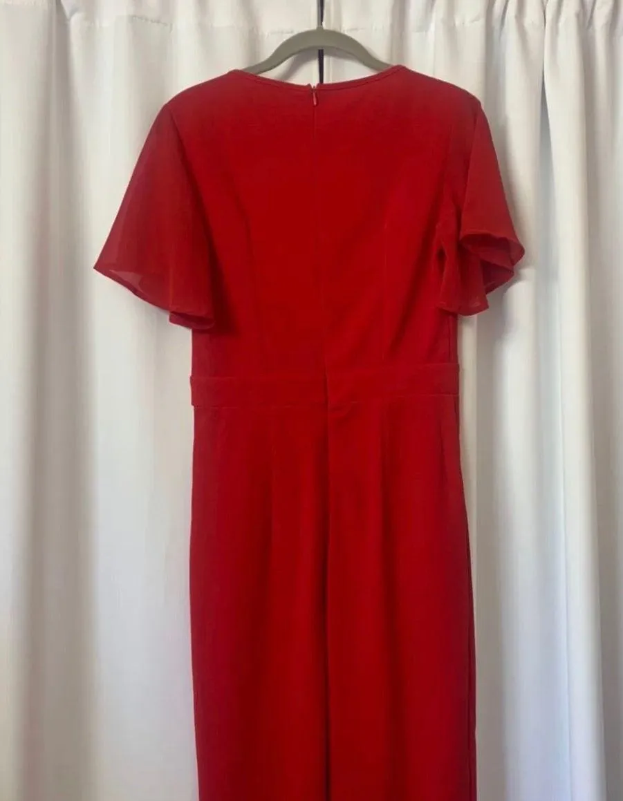 Solid Red Plunge Neckline Romper Barbie Jumpsuit Flutter Sleeves Size Small - Image 4