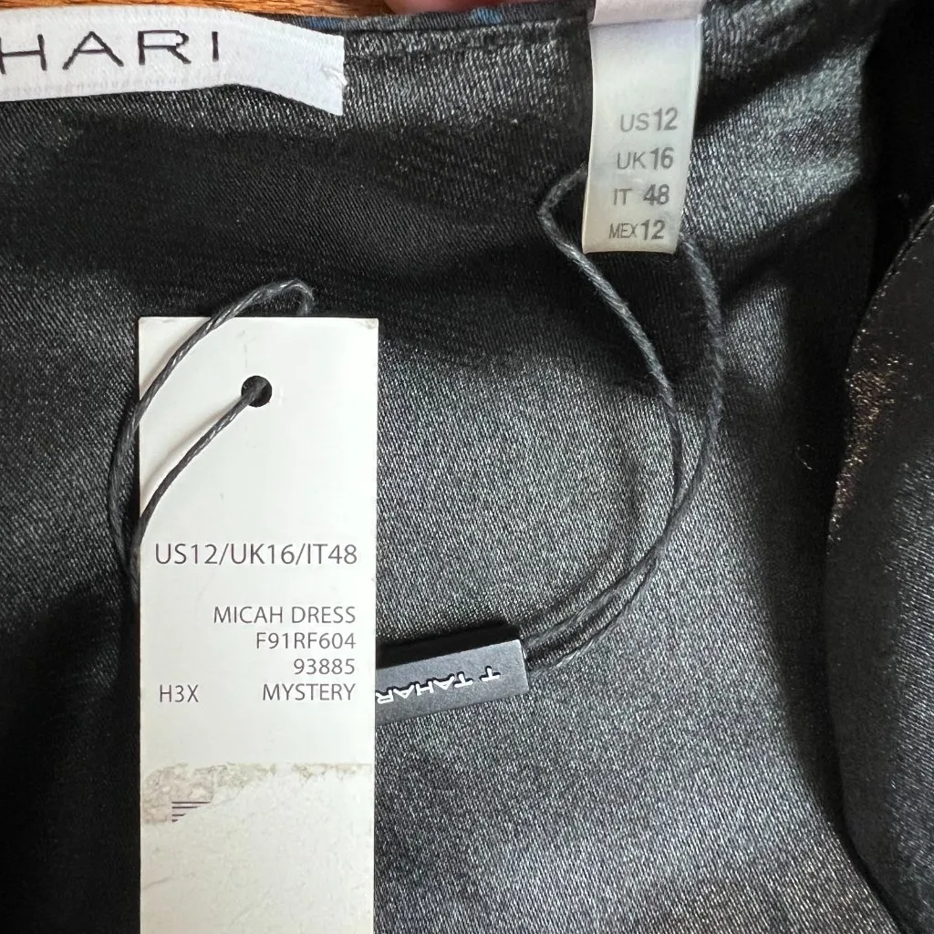 T Tahari Dress 12 Black‎ Blue Abstract Pattern Mesh V-Neck A-Line Fit N Flare - Image 10