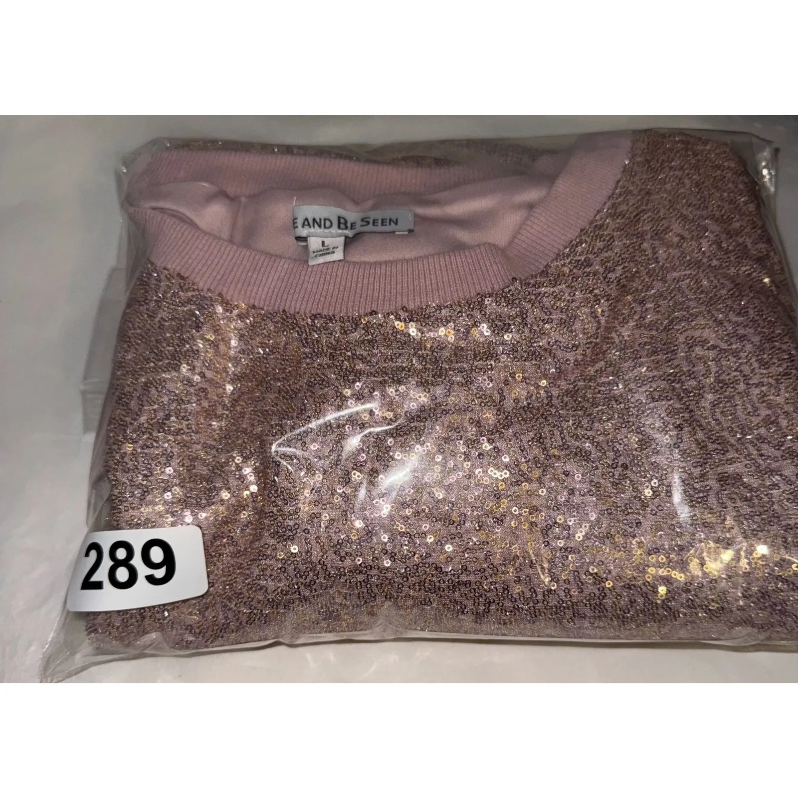 SEE AND BE SEEN Women’s Large Rose Gold Sequin Sweatshirt Sparkle Crew Neck Top Pink - Image 7