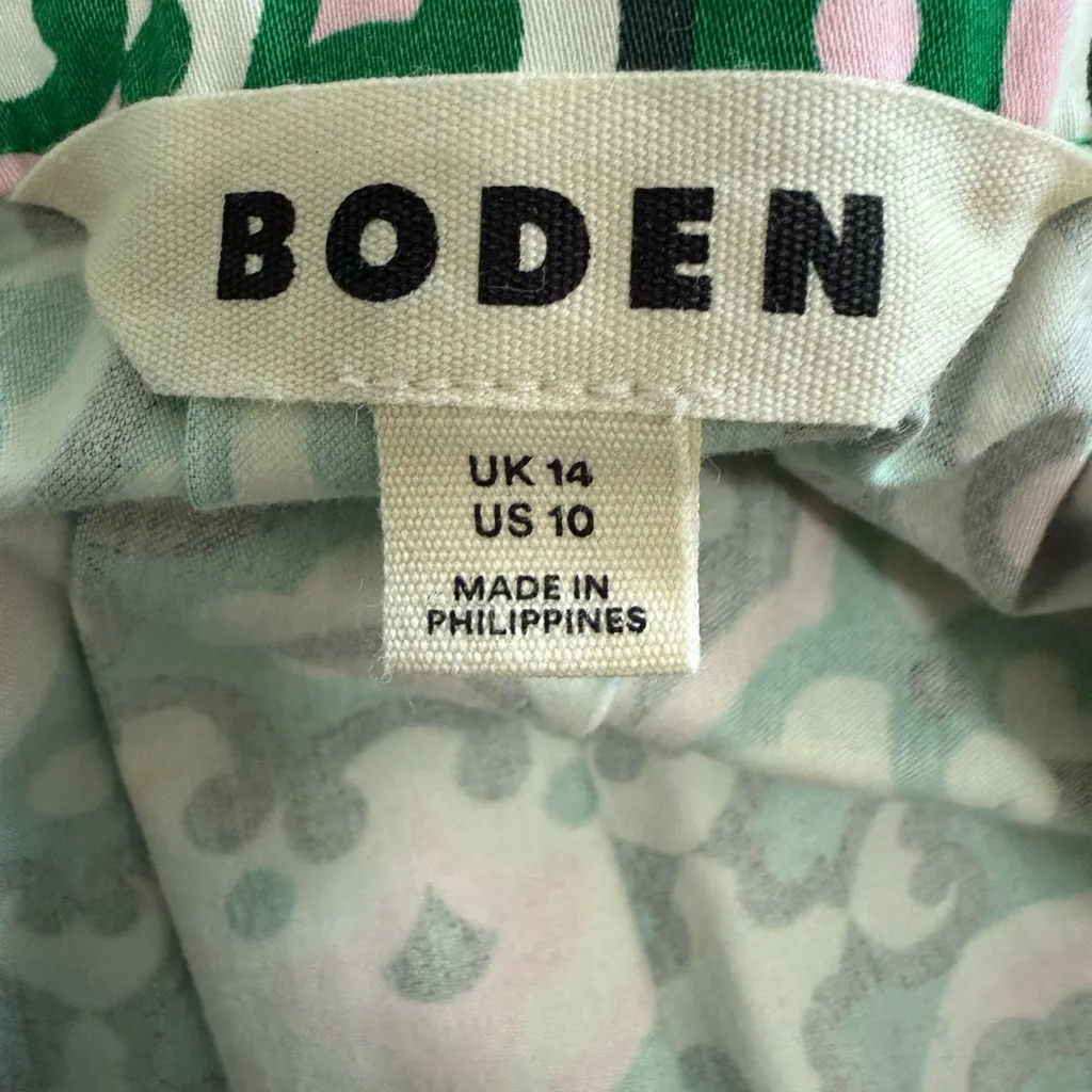 BODEN Pleated Cotton Skirt Green Green Pink Tambourine Artisian Geo Size 10 - Image 9