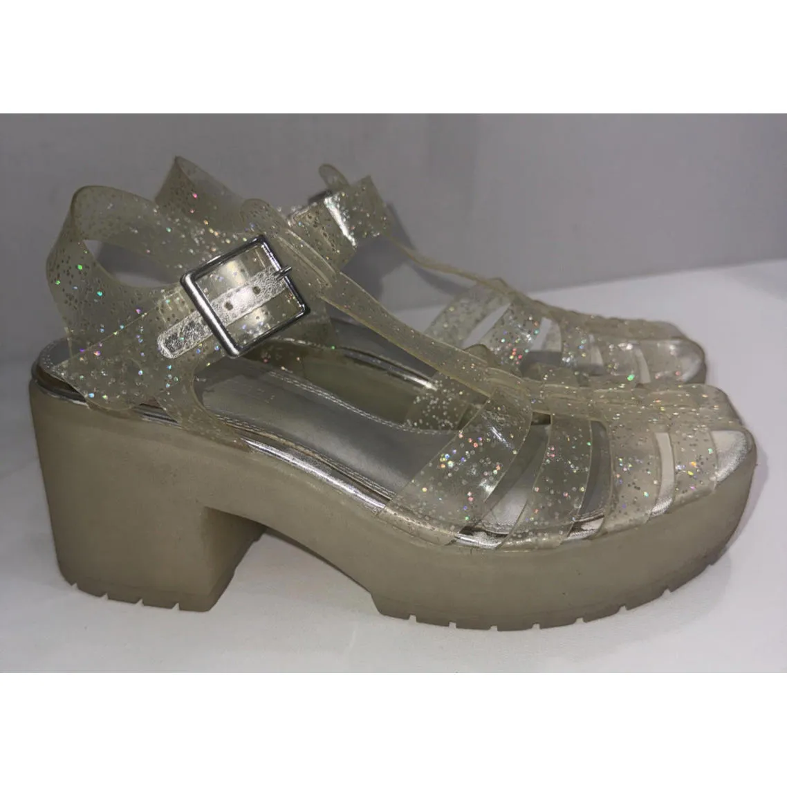 Asos Chunky Y2K 90s Clear Silver Glitter Platform Jelly Heel Clogs Sandals 7 - Image 2