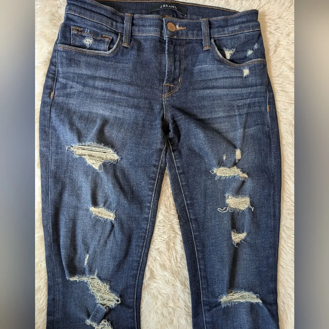 J Brand Cropped Skinny Leg Jeans in Demented Trouble Destroyed Blue Indigo Sz 26 - Image 3