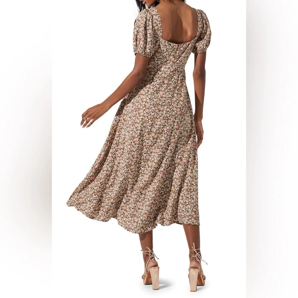ASTR Lace Up Puff Sleeve Midi Dress in Brown Floral Size Small NWT - Image 8