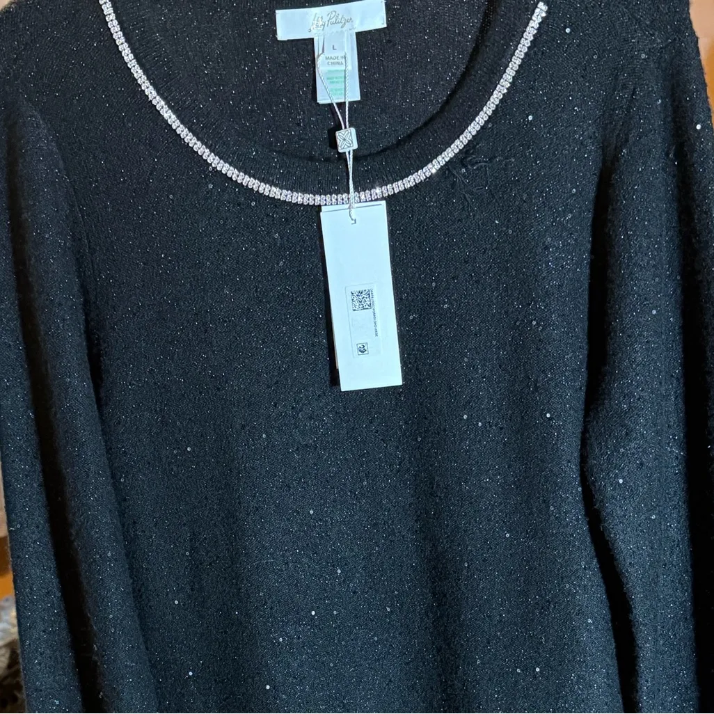 Lily Pulitzer Morgan sequined Black metallic Sweater Dress with Silver Accents L - Image 2