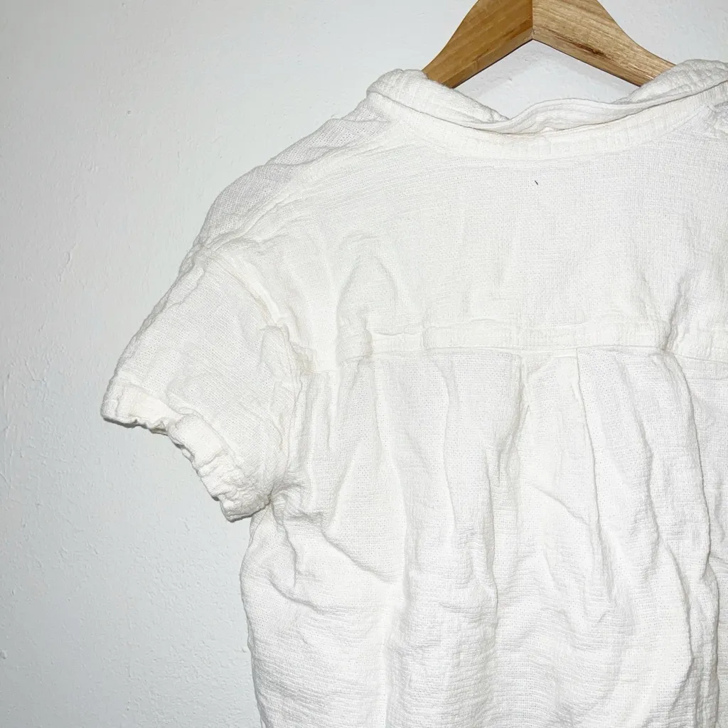 Madewell white linen blend button front cuffed waist length short sleeve top - Image 11