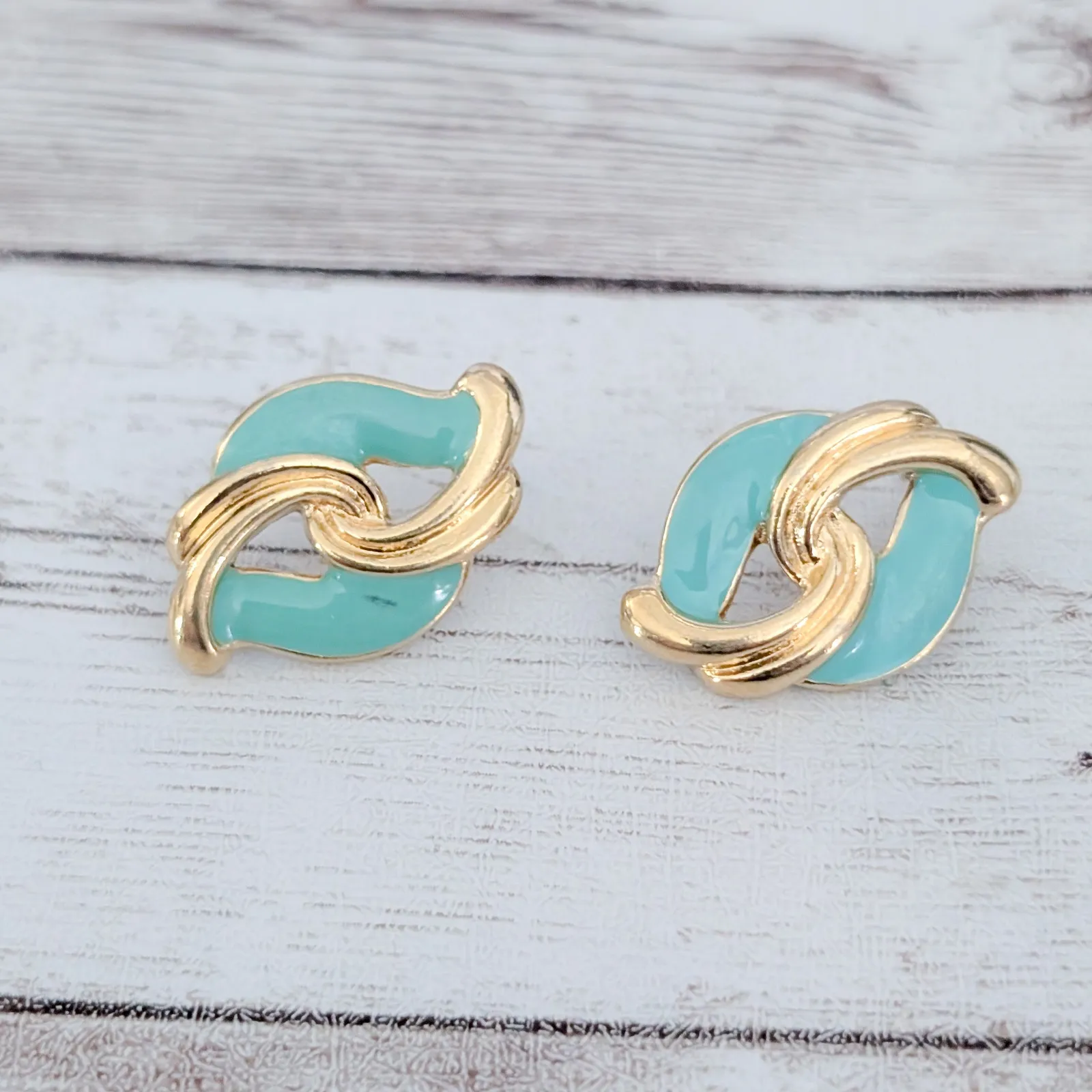 Vintage Stud Earrings Gold Tone & Seafoam Green Statement - Image 2