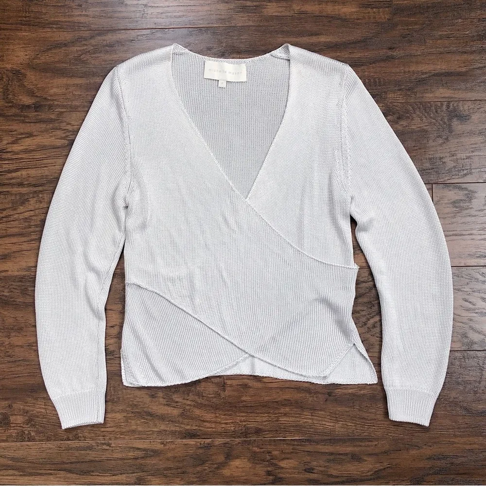 Michelle Mason • Cross Wrap Sweater top metallic silver grey surplice knit drape - Image 1