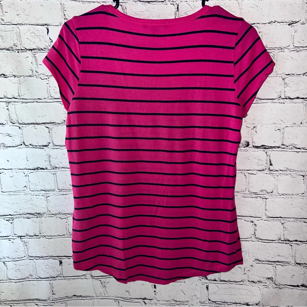 Ralph Lauren Y2K Pink and Navy Striped Short Sleeve Scoop Neck‎ Top Size Small - Image 3